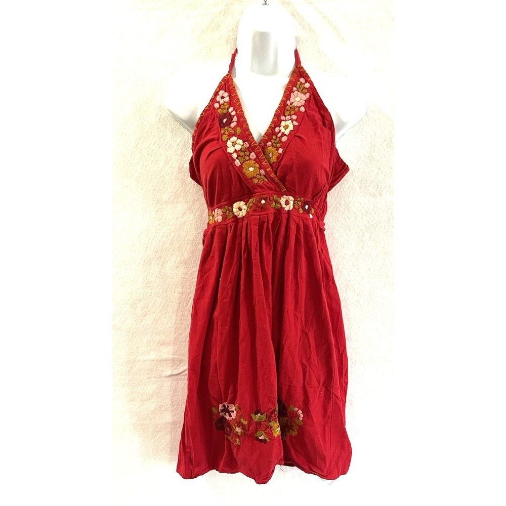 Artisanal Mexican Style Embroidered Red Halter Mini Dress Boho-Chic Cottage